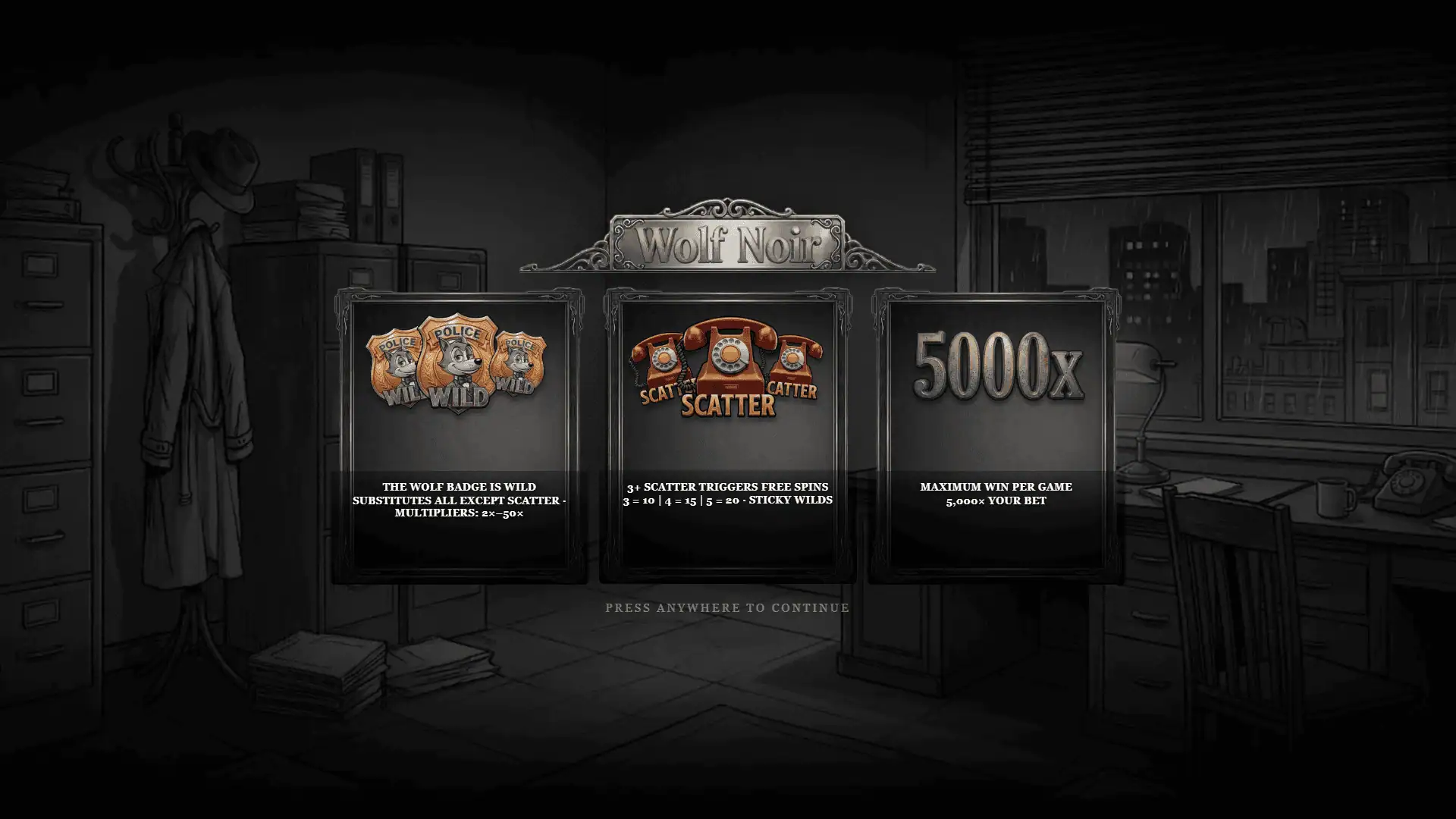 Wolf Noir slot intro screen