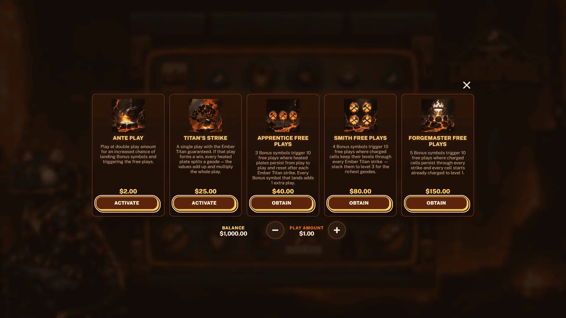 EmberForge bonus buy menu