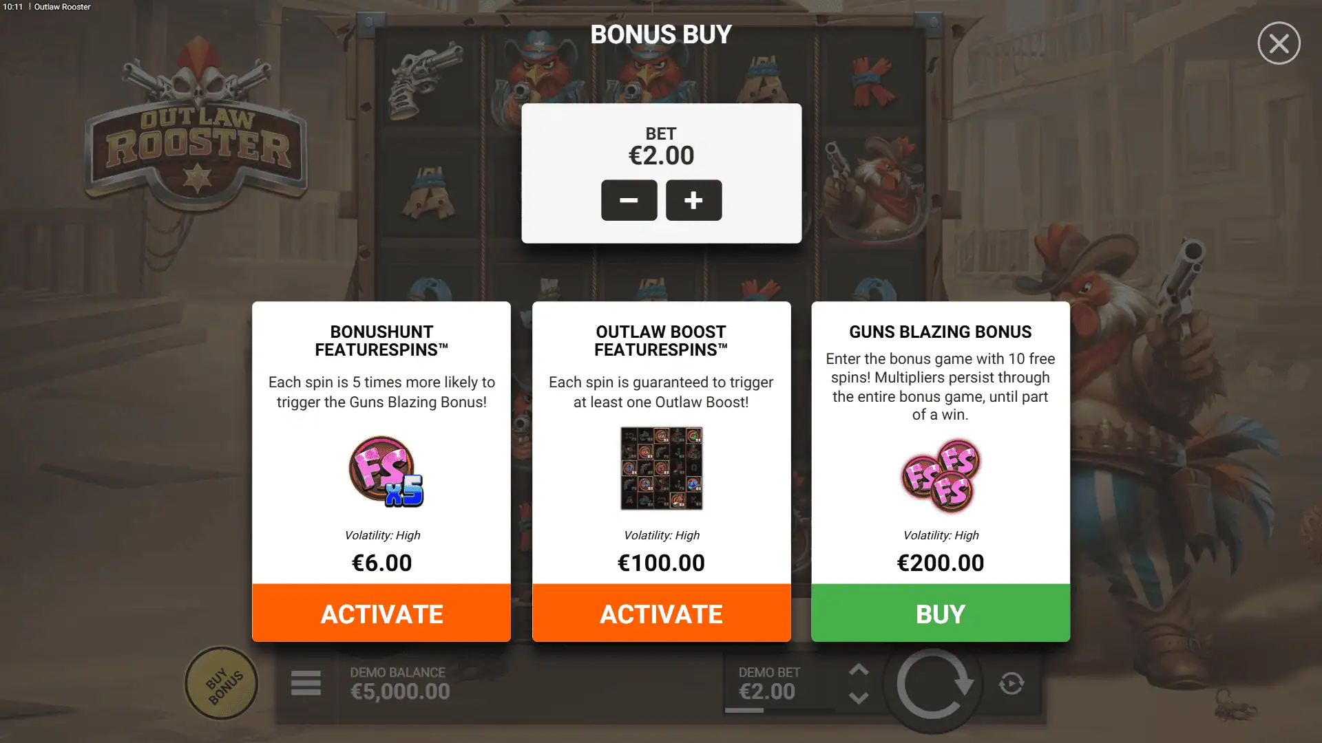 Outlaw Rooster bonus buy menu