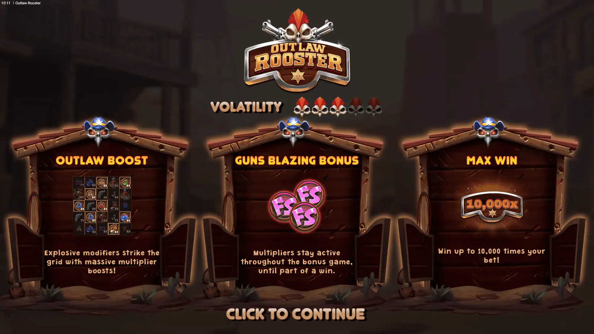 Outlaw Rooster slot intro screen