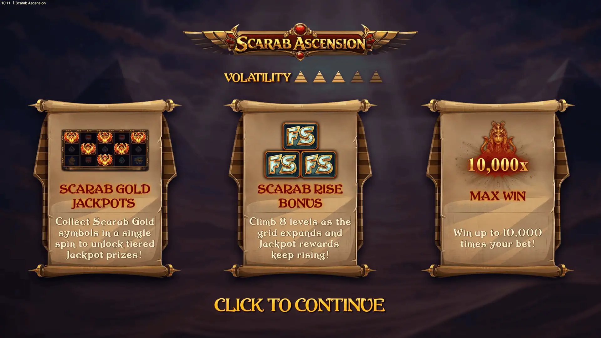 Scarab Ascension slot intro screen