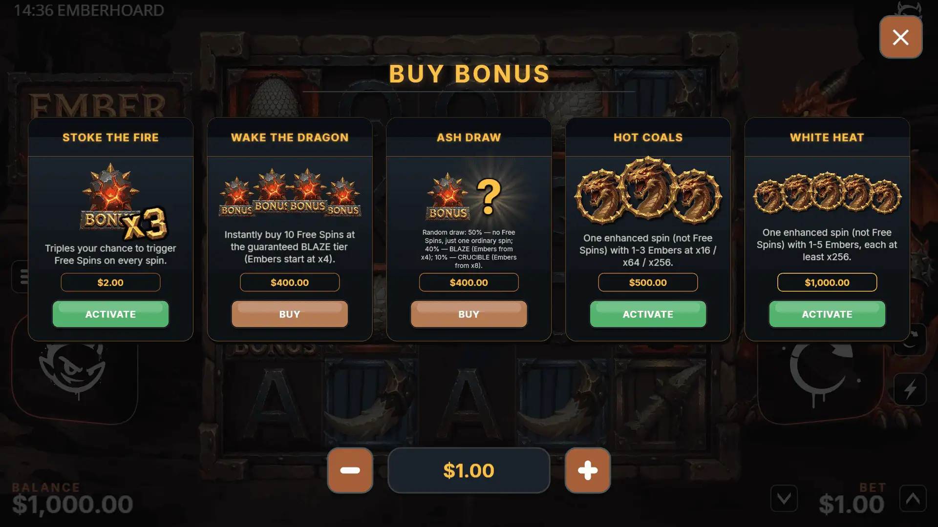 Ember Hoard bonus buy menu