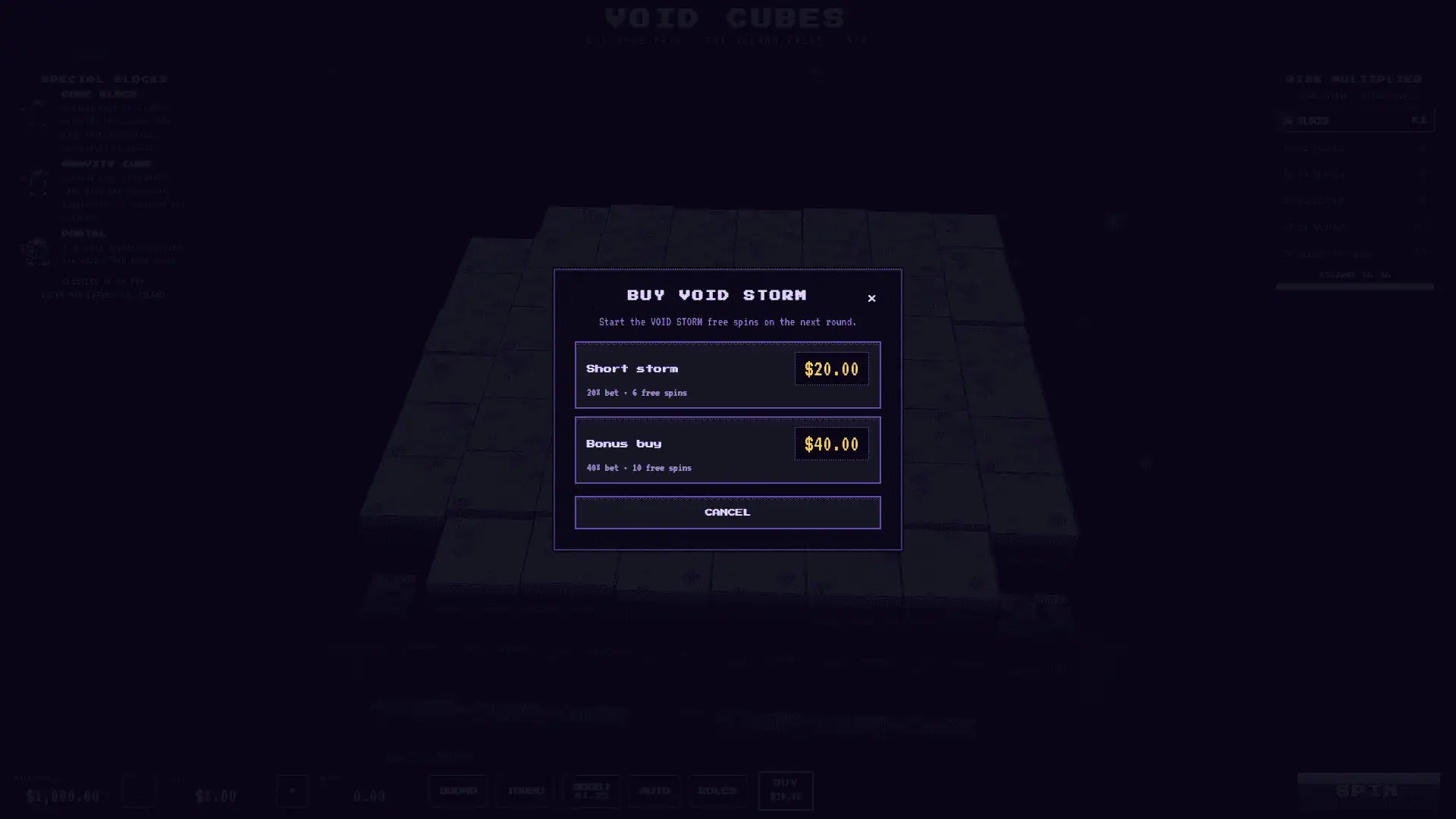 Void Cubes Cluster Pays bonus buy menu