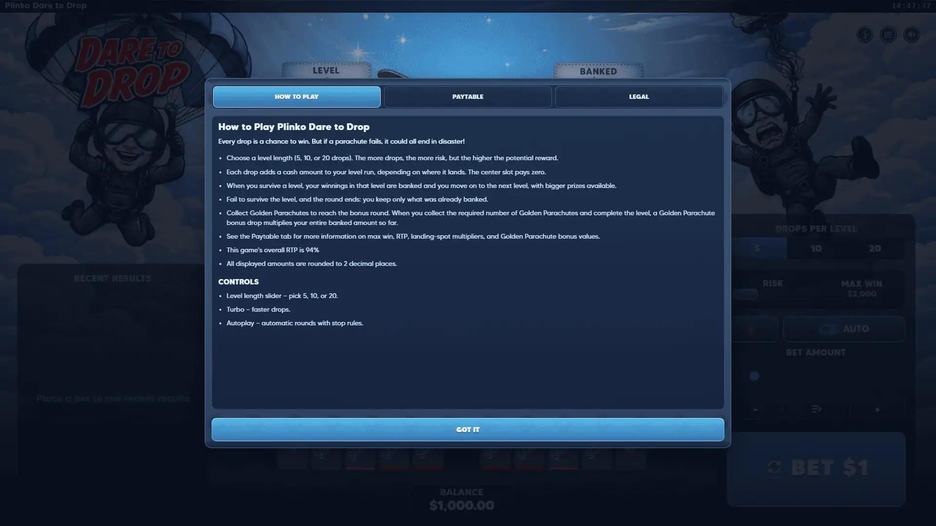 Plinko Dare to Drop bonus buy menu