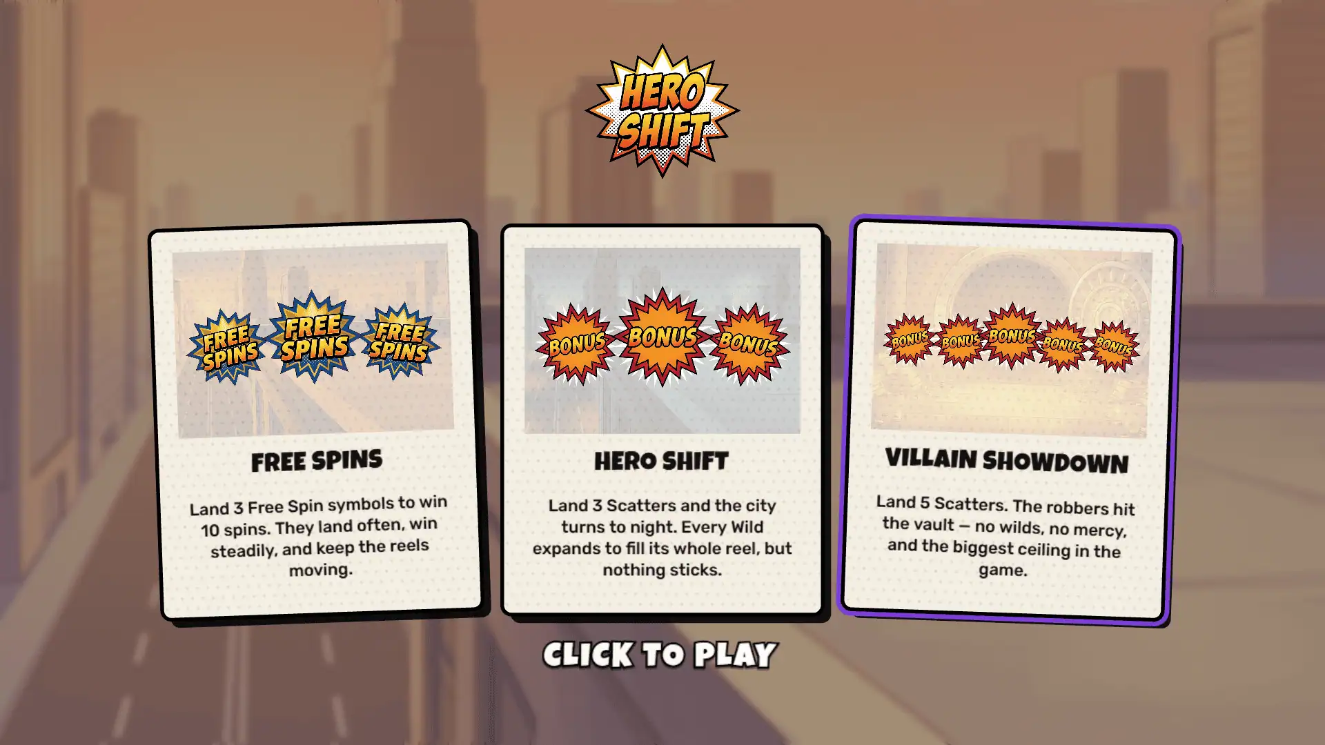 Hero Shift slot intro screen