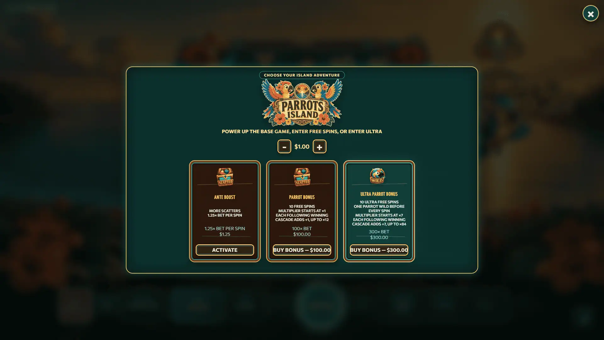 Parrots Island bonus buy menu