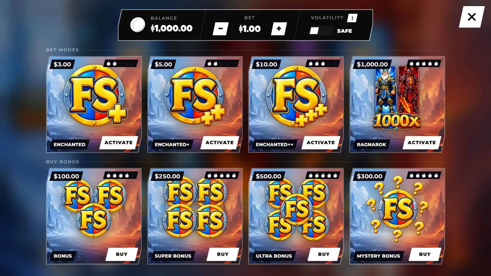 Odin vs Surtr bonus buy menu