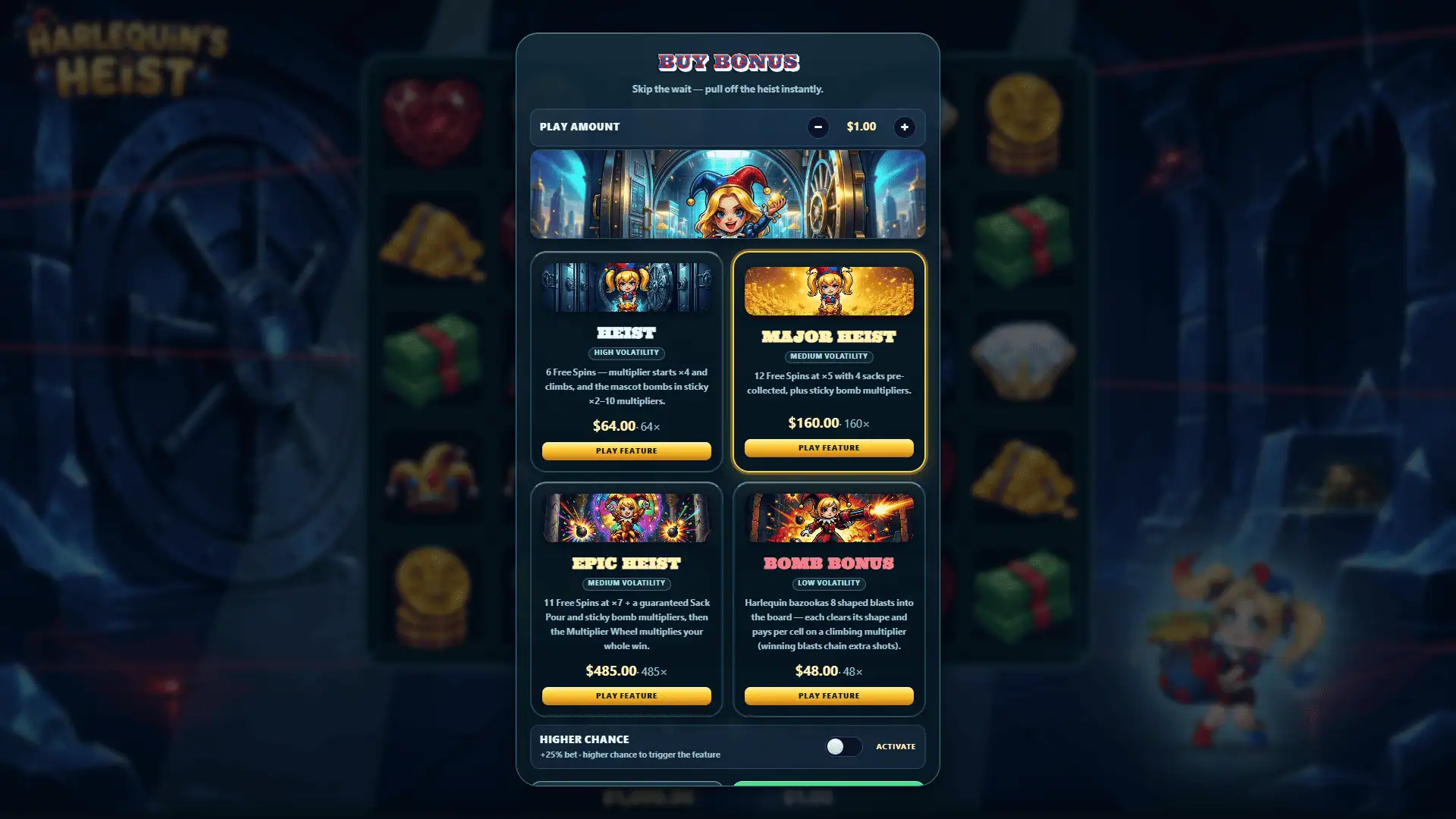 Harlequin's Heist bonus buy menu