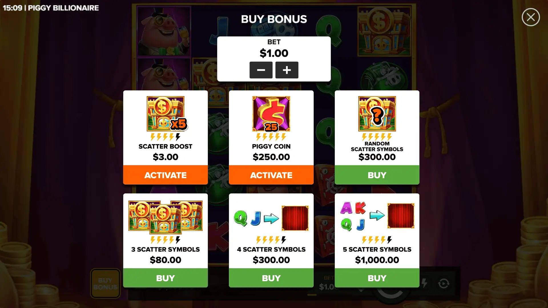 Piggy Billionaire bonus buy menu