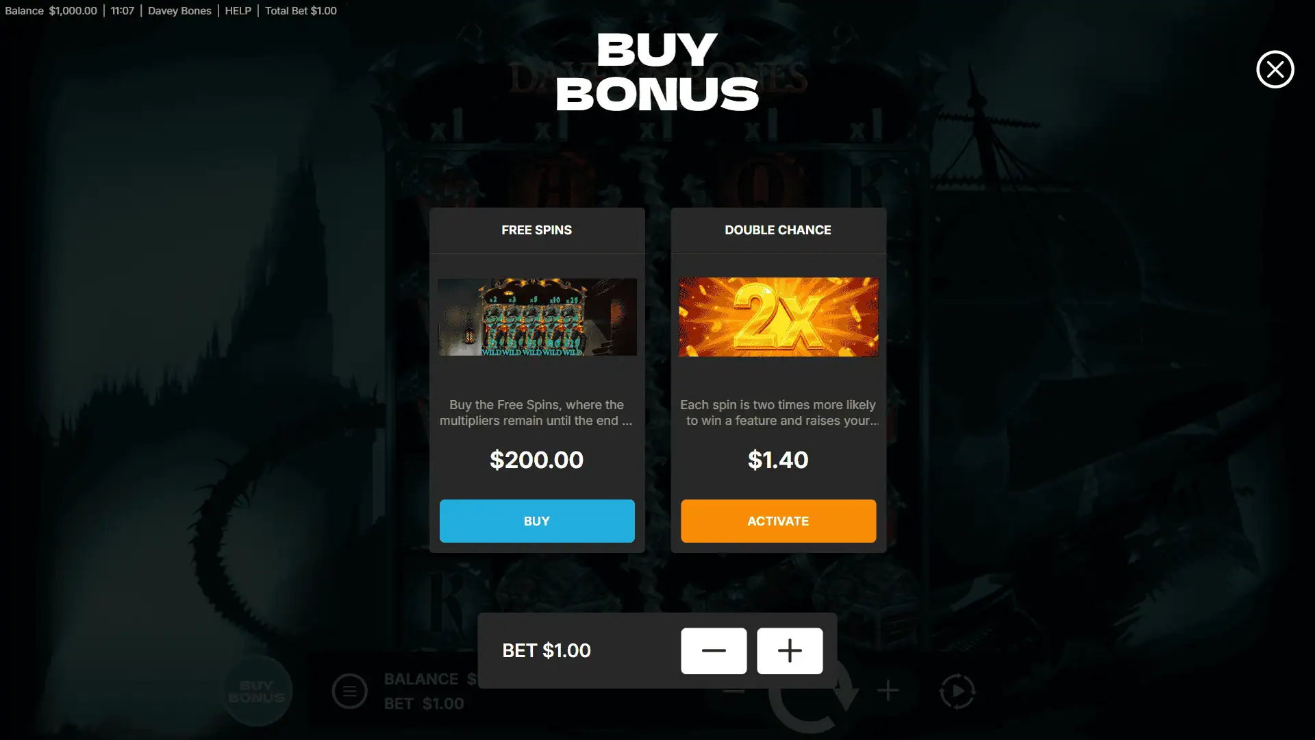 Davey Bones bonus buy menu