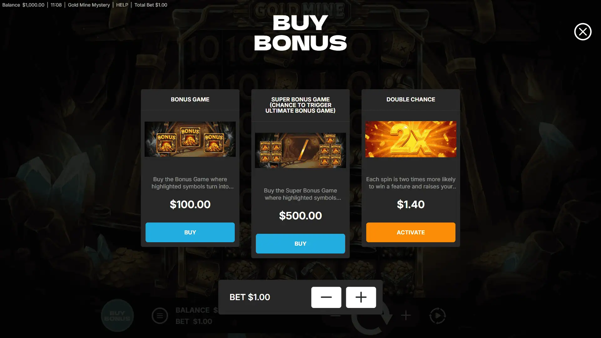 Gold Mine Mystery bonus buy menu