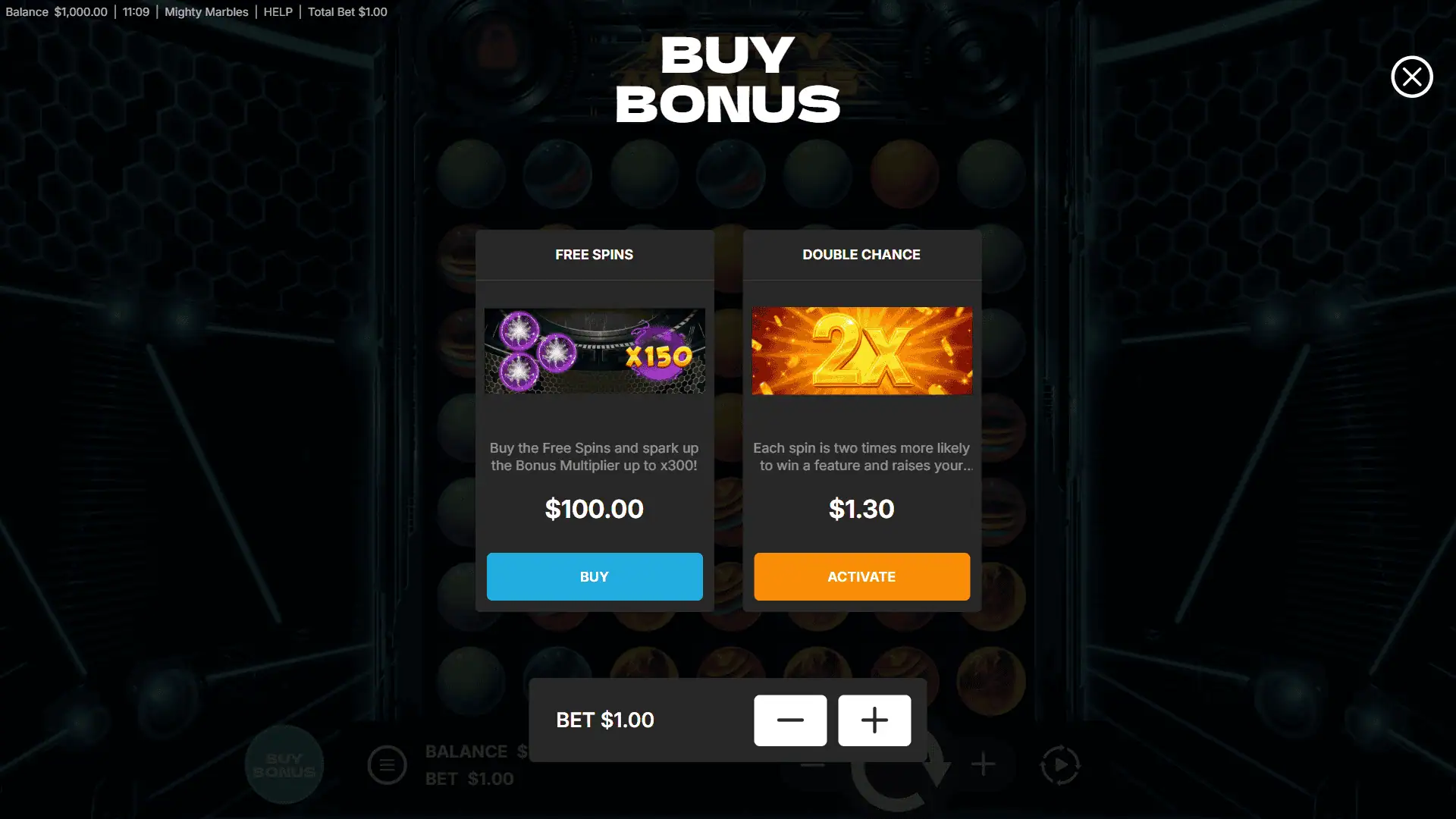 Mighty Marbles bonus buy menu