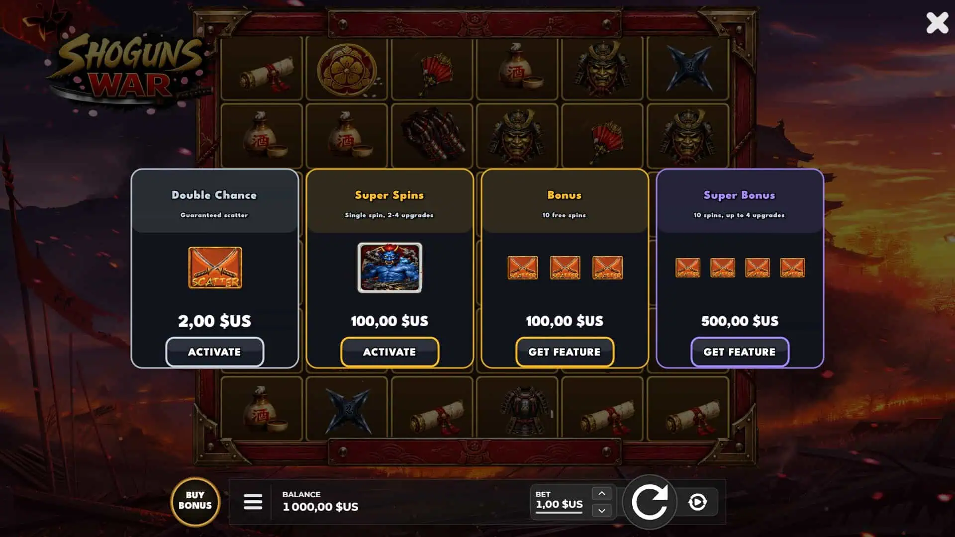 Shoguns War bonus buy menu
