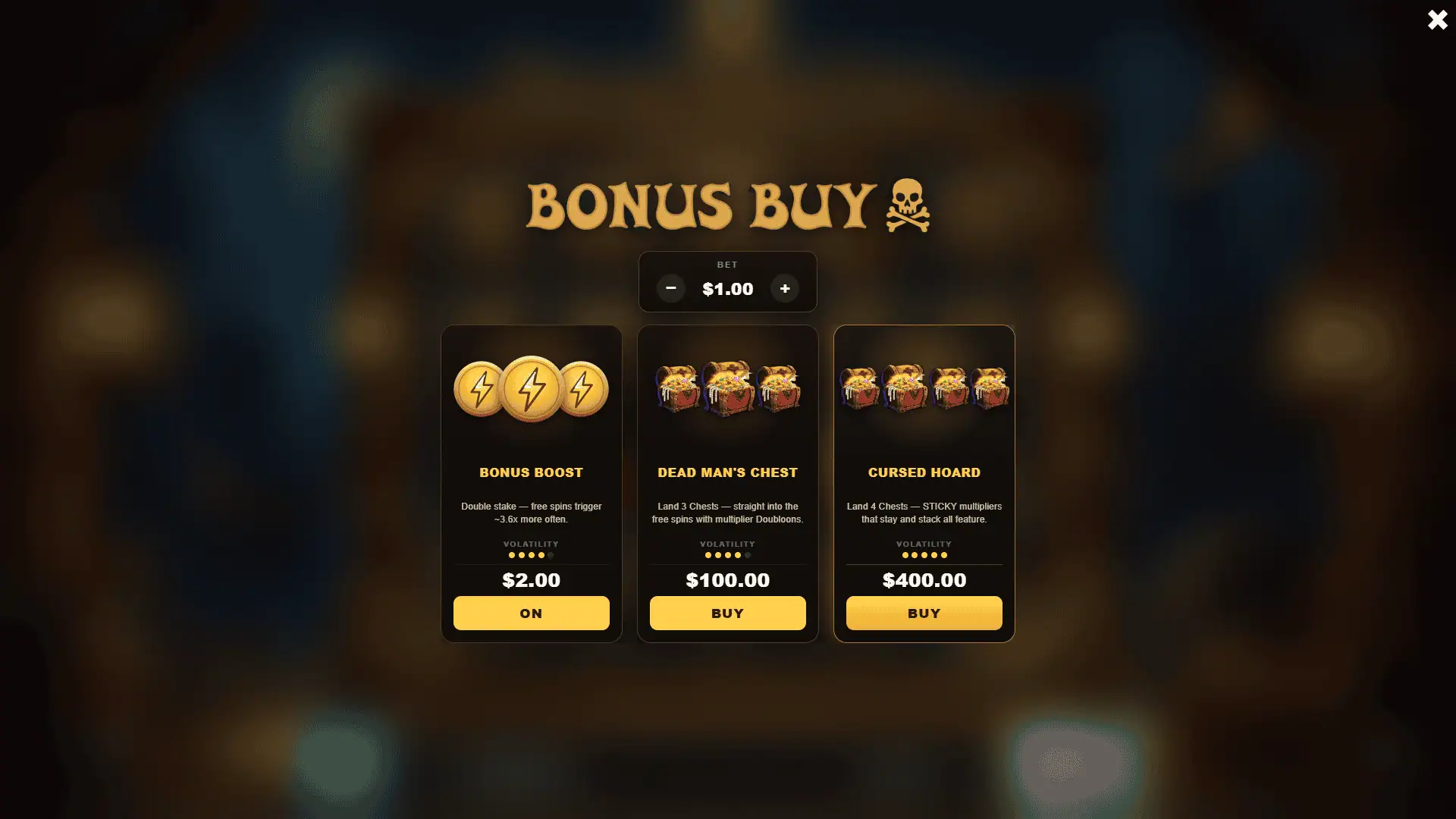 Doubloon Cove bonus buy menu