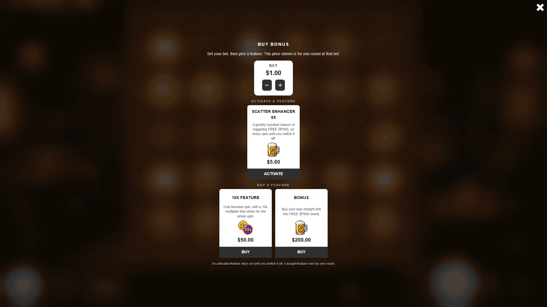 Pixel Tavern bonus buy menu