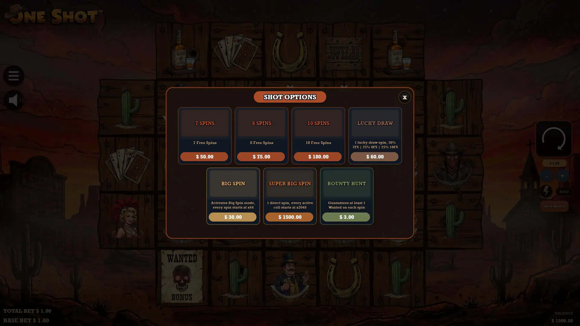 One Shot bonus buy menu