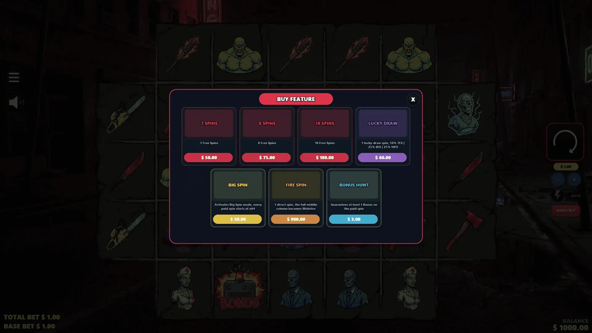 Zombie Hunter bonus buy menu