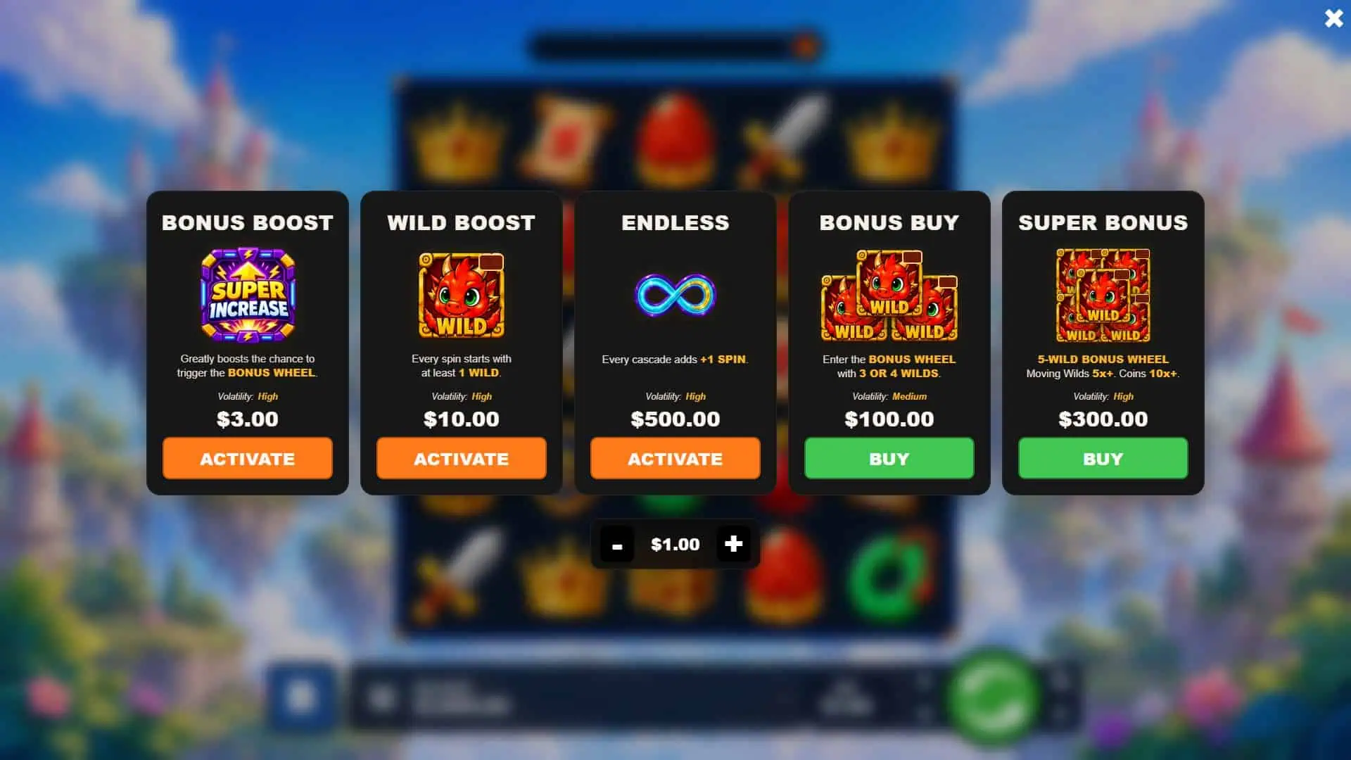 Pixi Dragon bonus buy menu