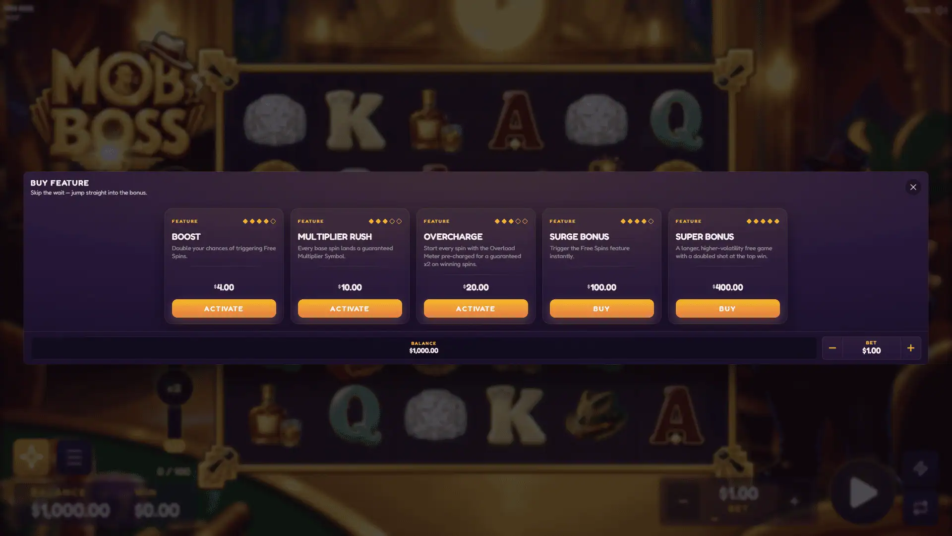 Mob Boss bonus buy menu