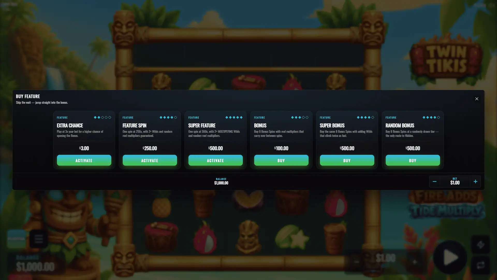Twin Tikis bonus buy menu