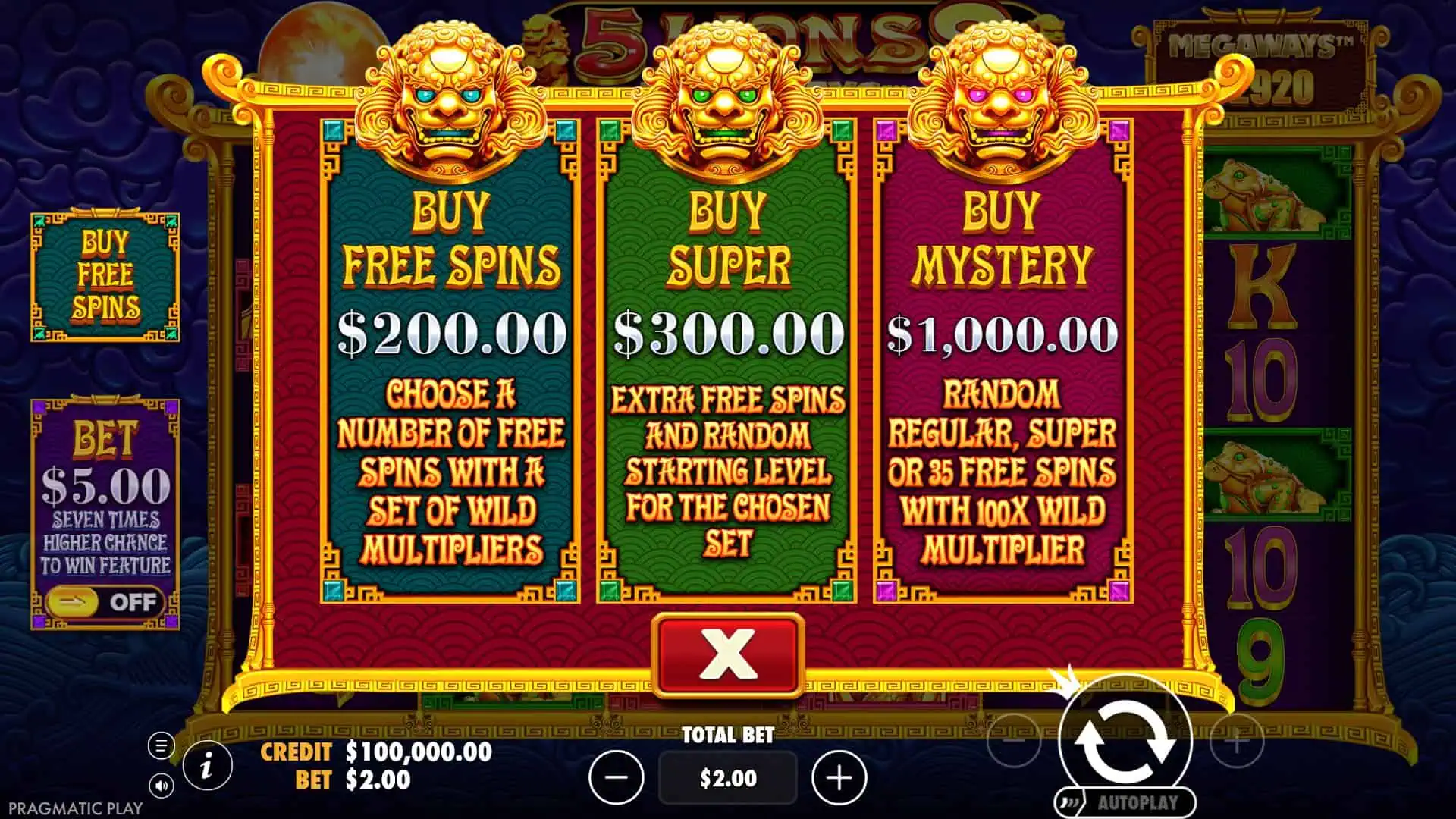 5 Lions Megaways 2 bonus buy menu