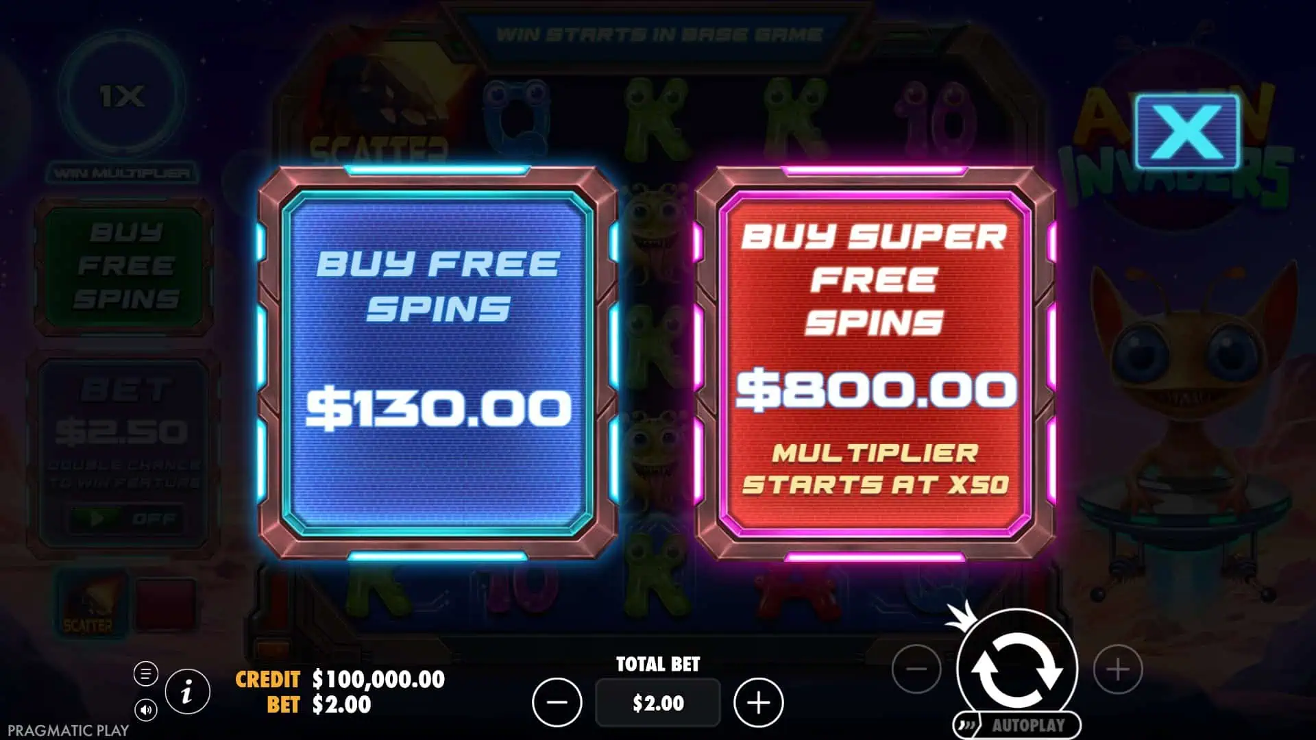 Alien Invaders bonus buy menu