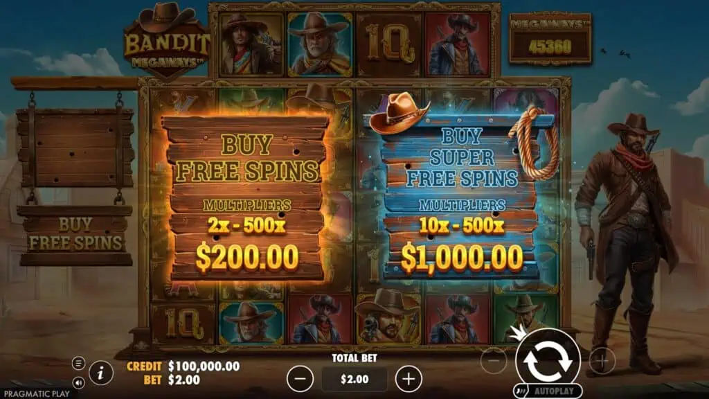 Bandit Megaways bonus buy menu