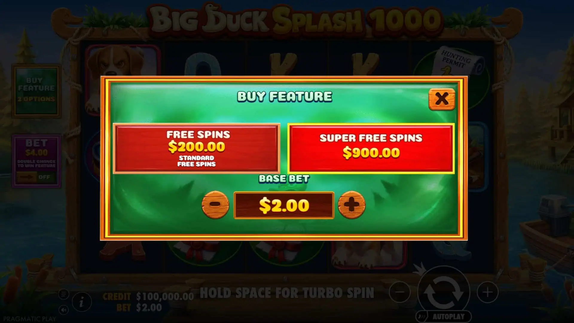 Big Duck Splash 1000 bonus buy menu