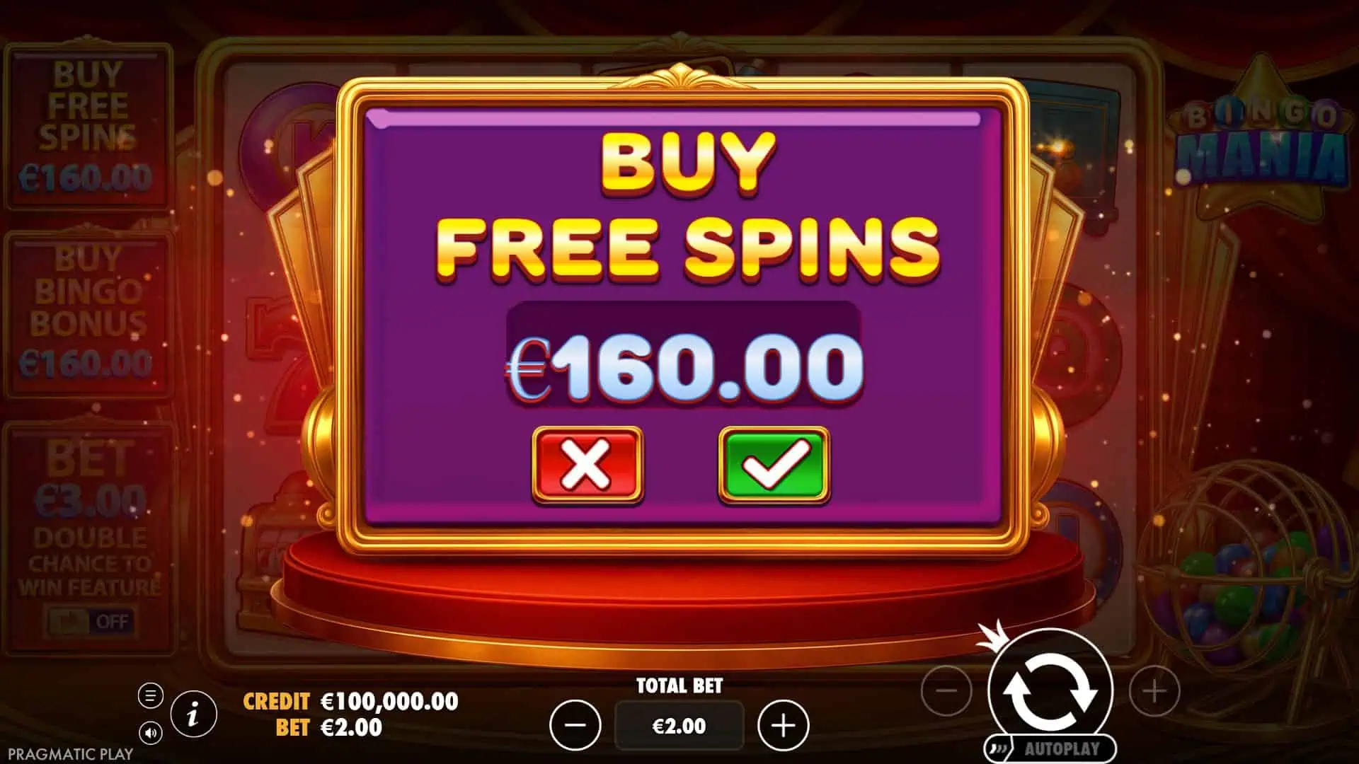 Bingo Mania bonus buy menu