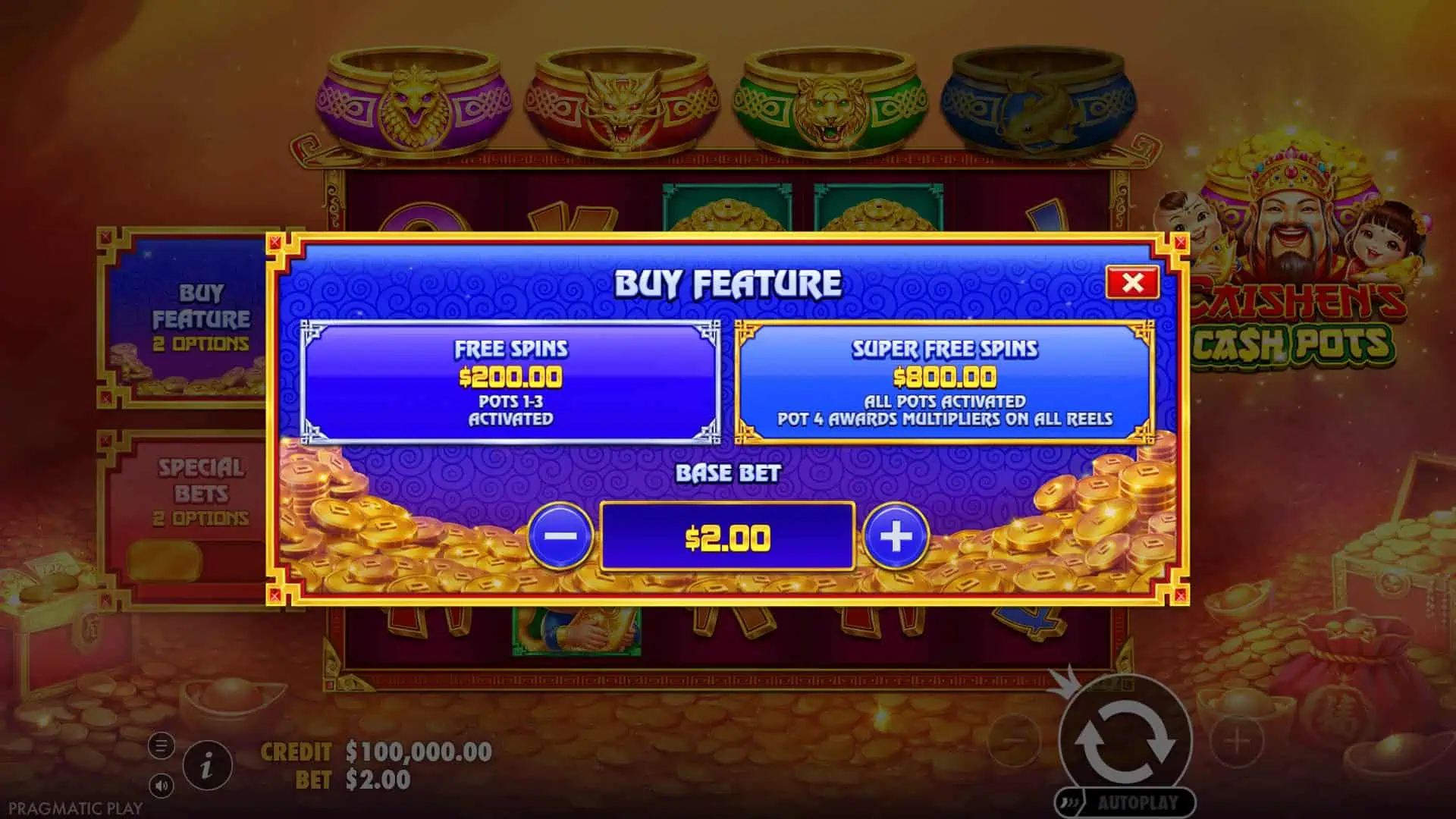 Caishen's Cash Pots bonus buy menu