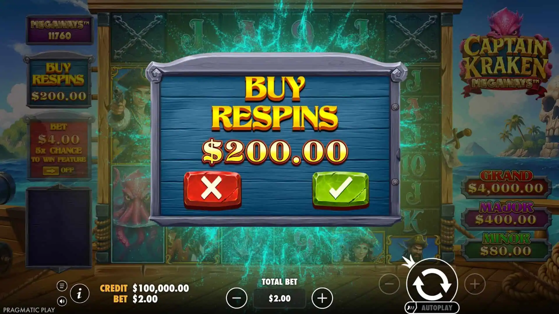 Captain Kraken Megaways bonus buy menu