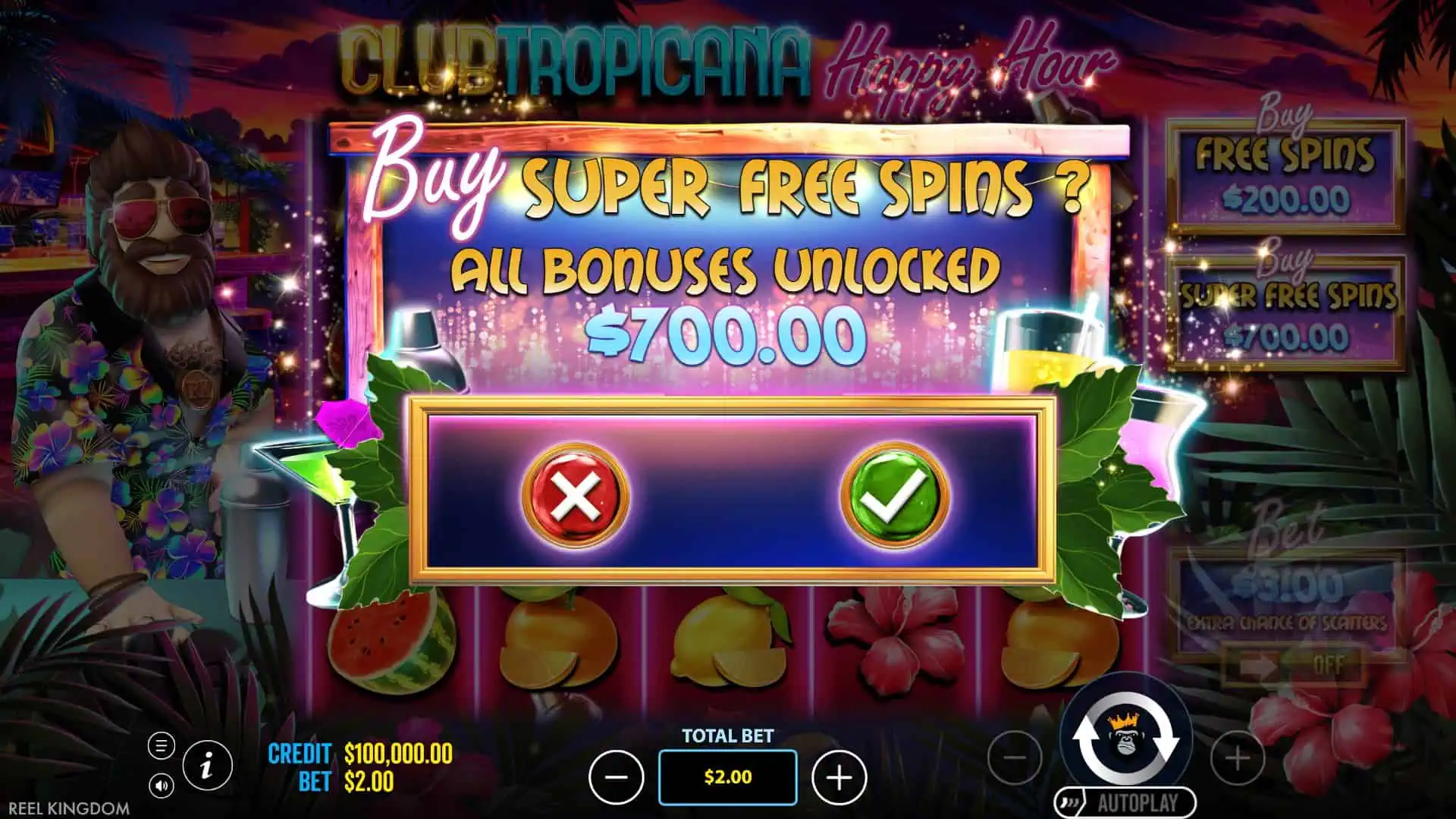 Club Tropicana Happy Hour bonus buy menu