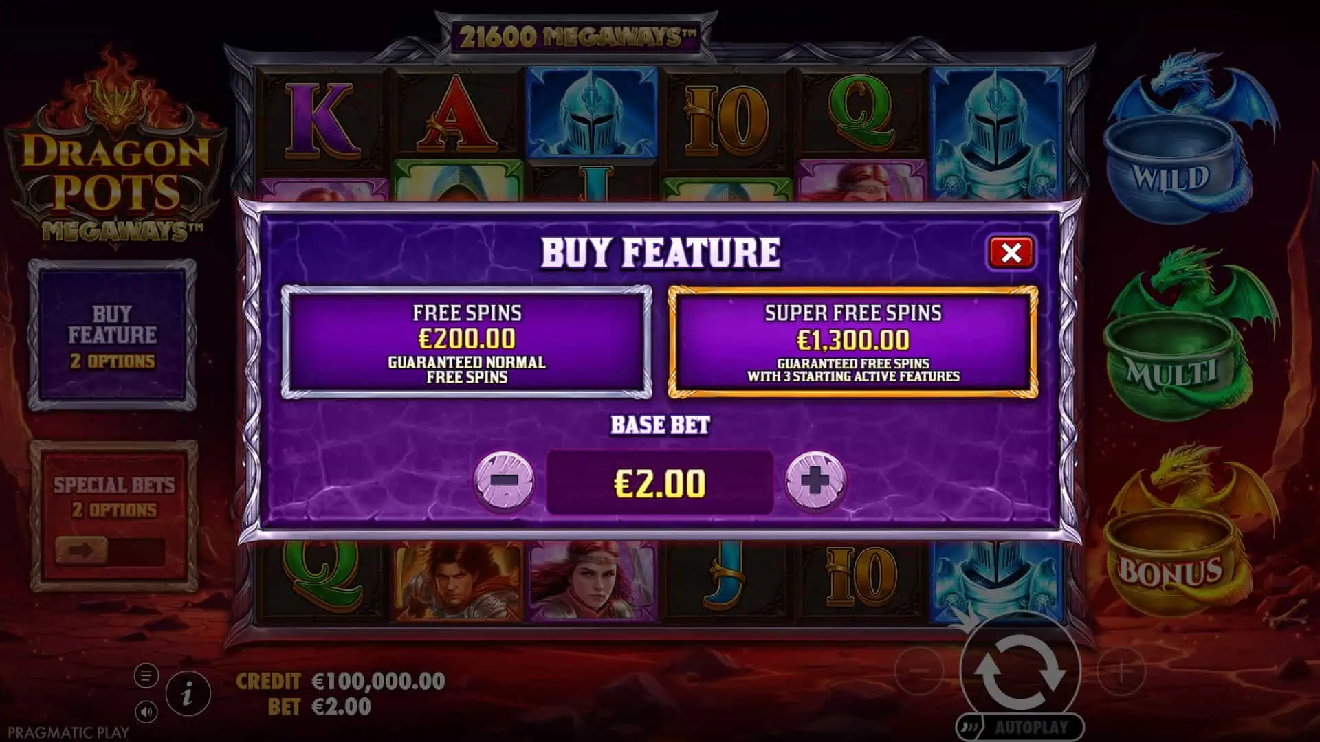Dragon Pots Megaways bonus buy menu