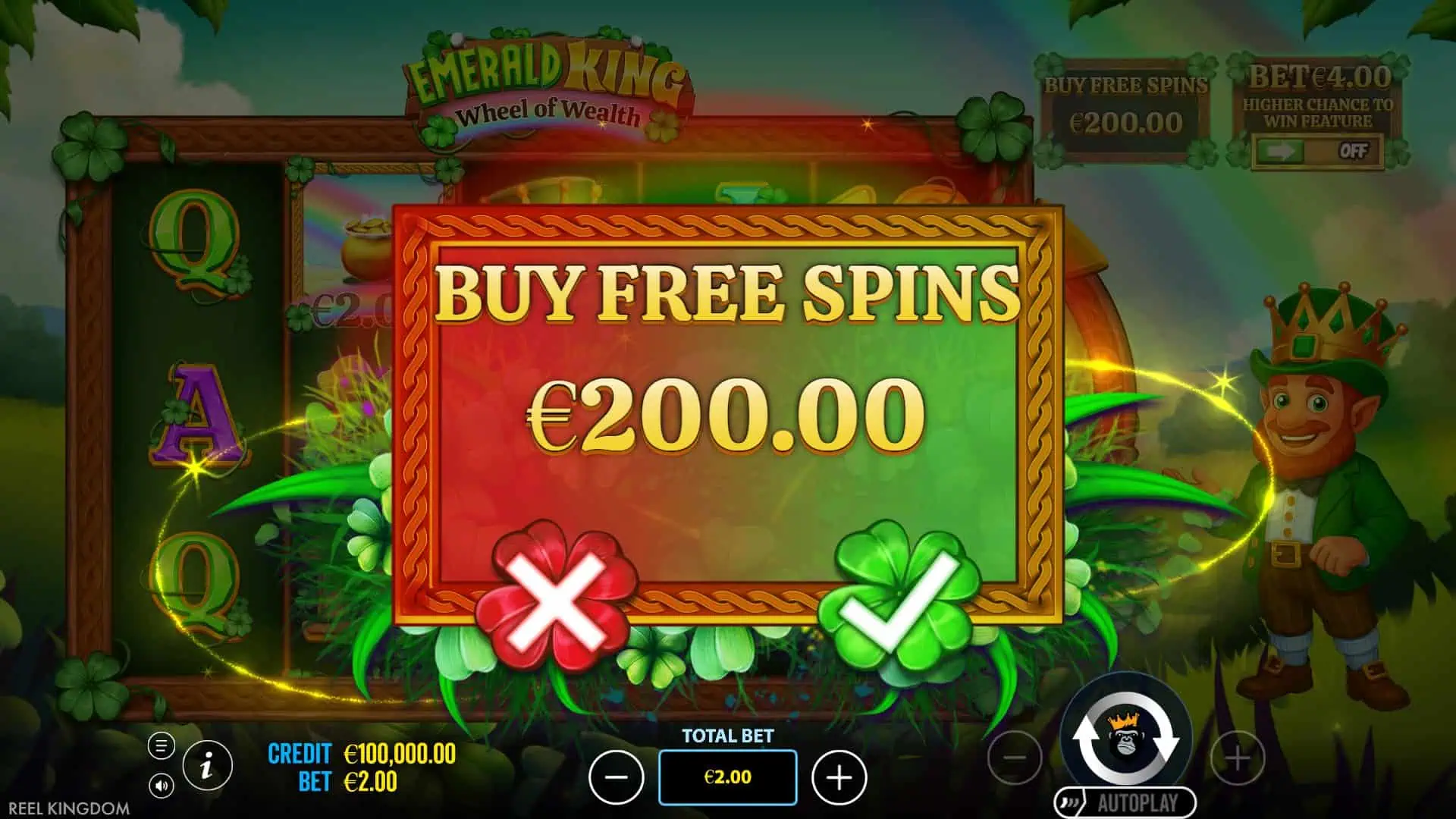 Emerald King Wheel of Wealth bonus buy menu