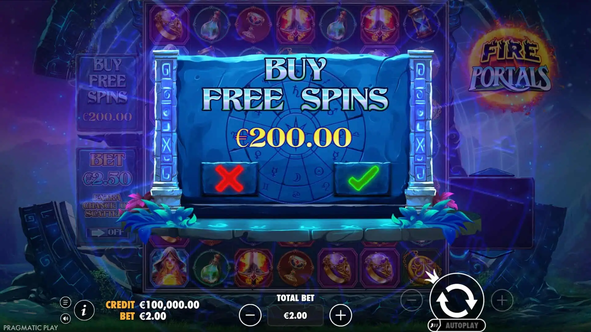 Fire Portals bonus buy menu
