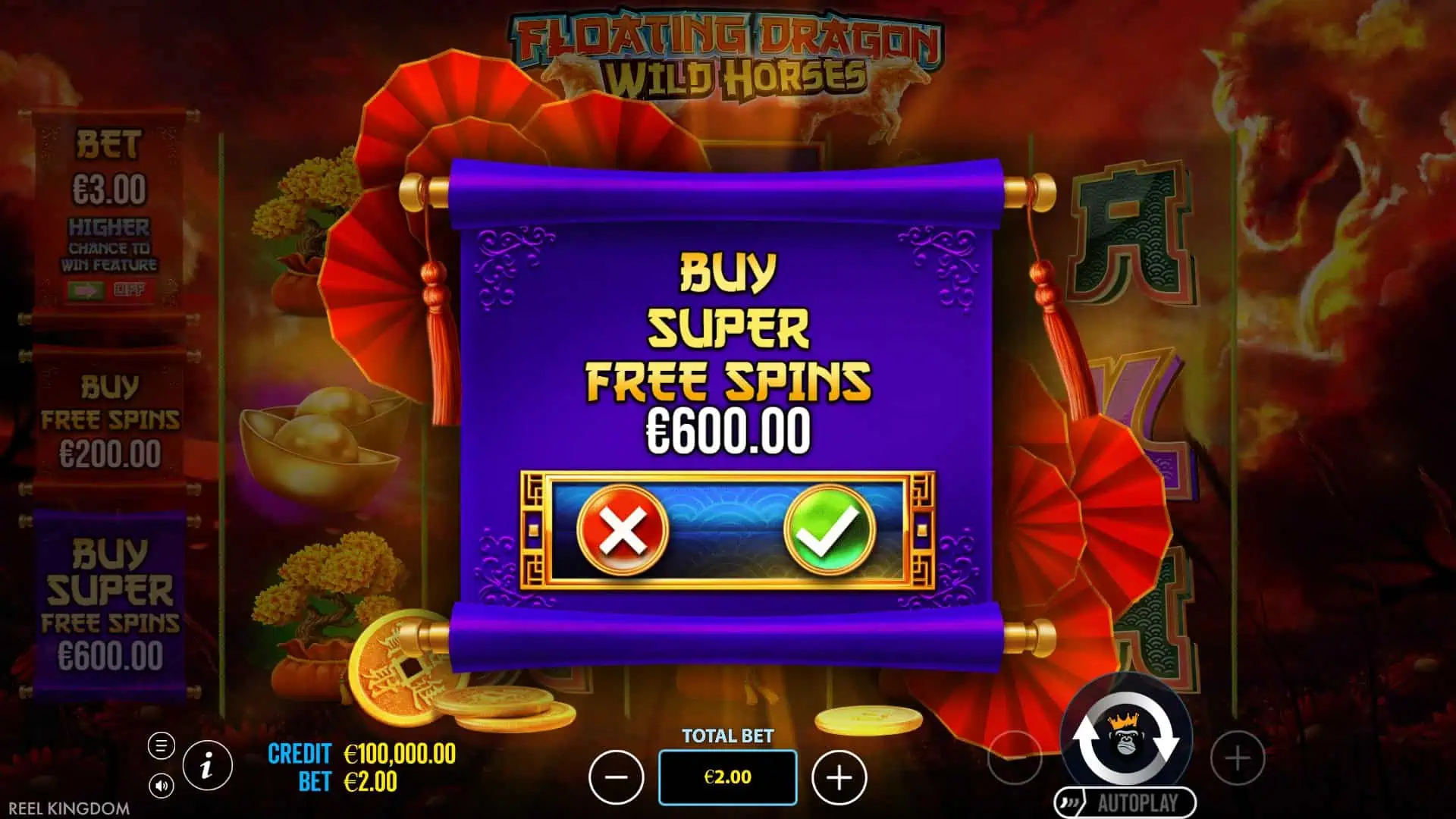 Floating Dragon Wild Horses bonus buy menu