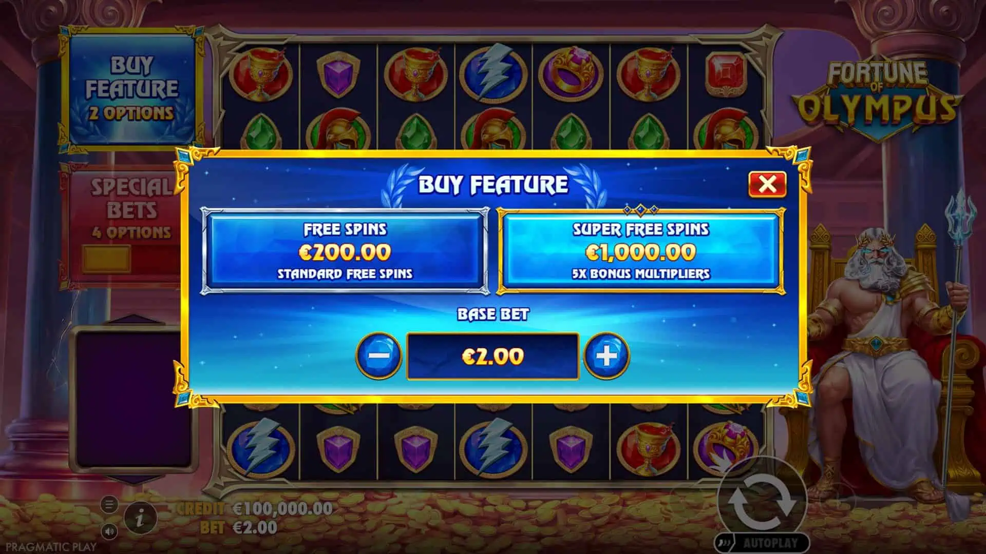 Fortune of Olympus bonus buy menu