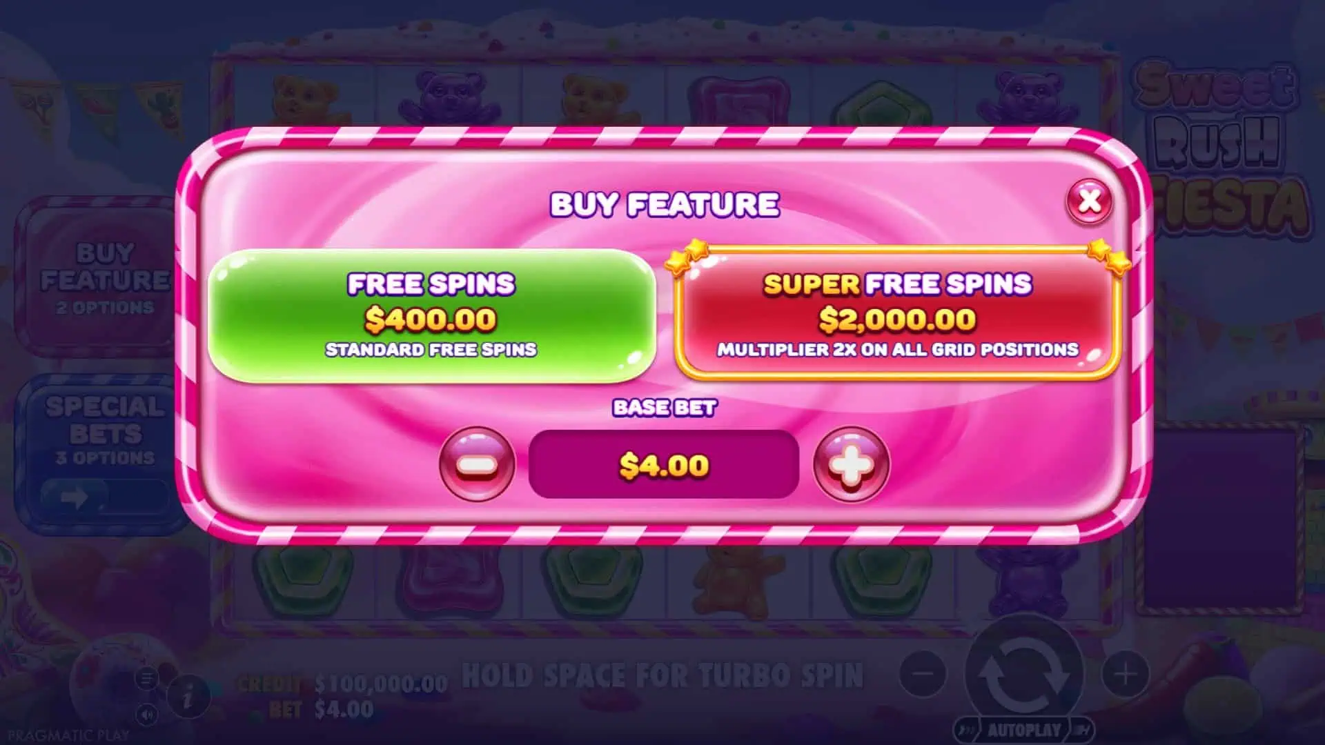 Sweet Rush Fiesta bonus buy menu