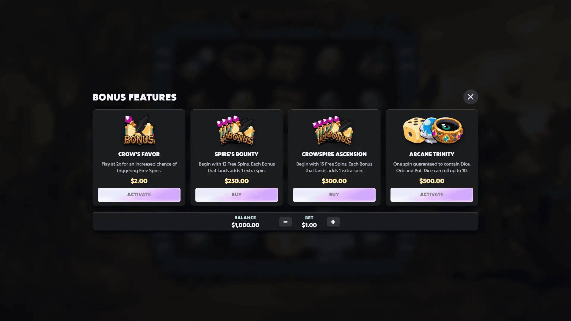 Crowspire bonus buy menu