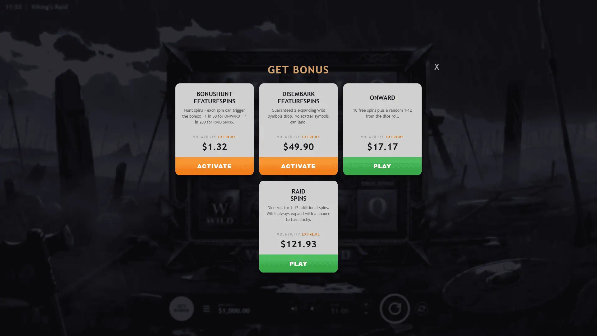 Vikings Raid bonus buy menu