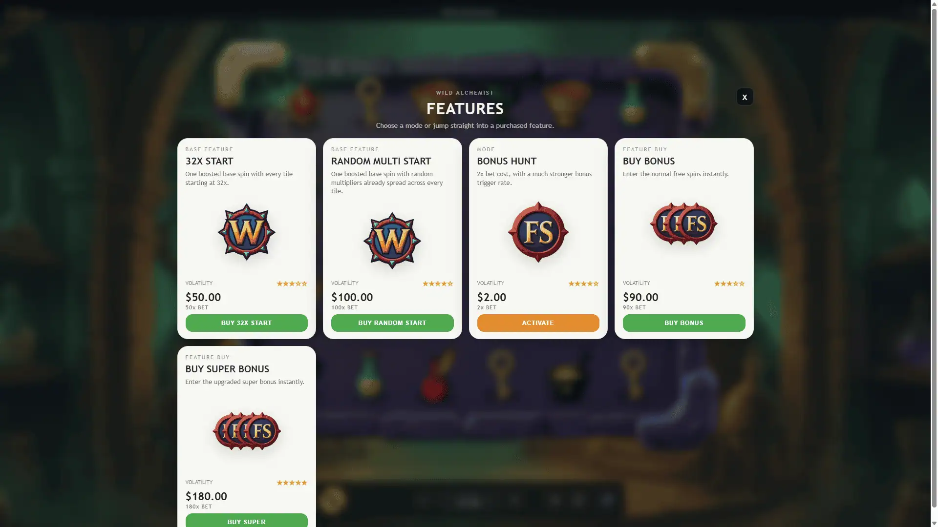 Wild Alchemist bonus buy menu