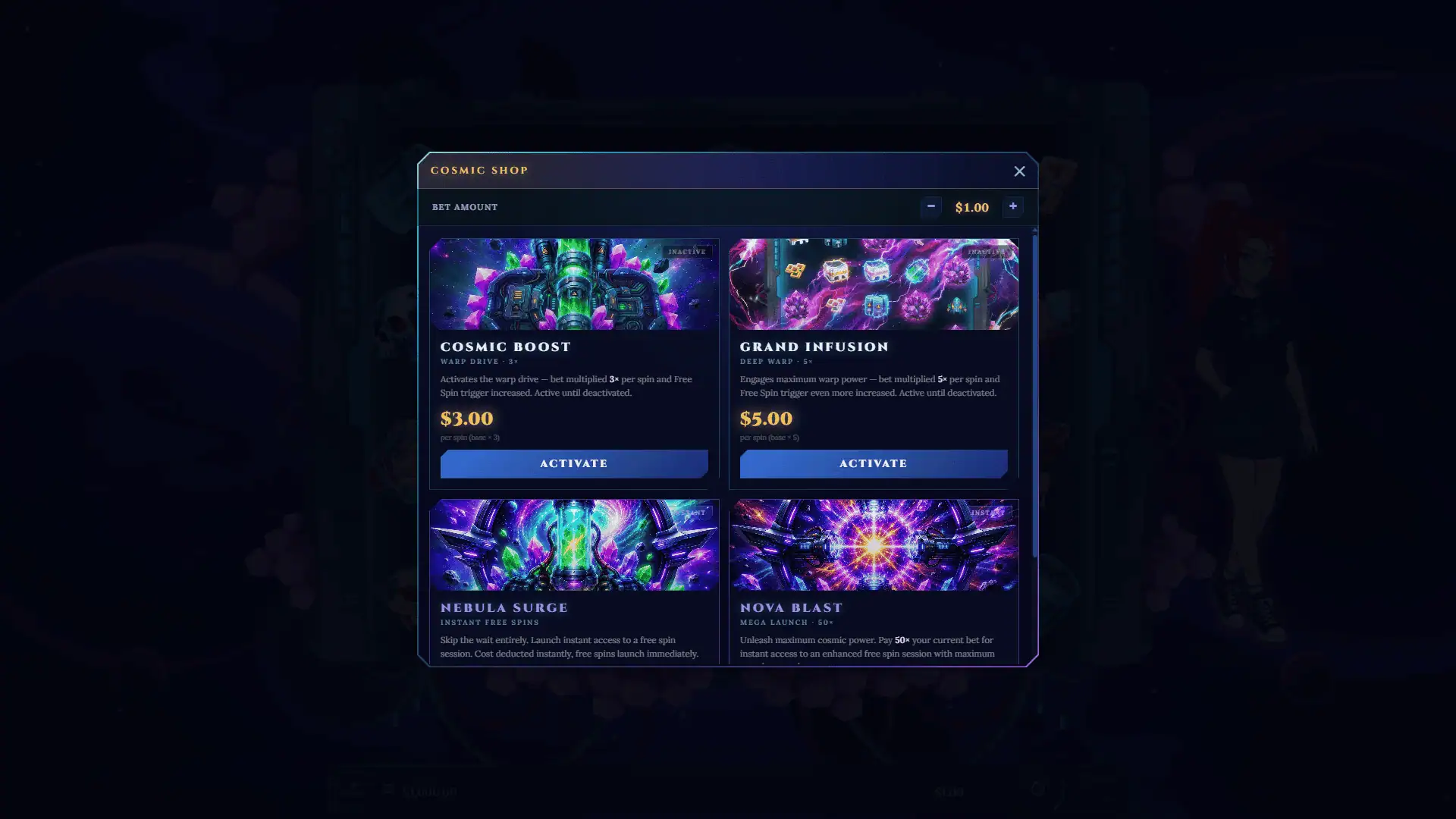 Cosmic Drift bonus buy menu