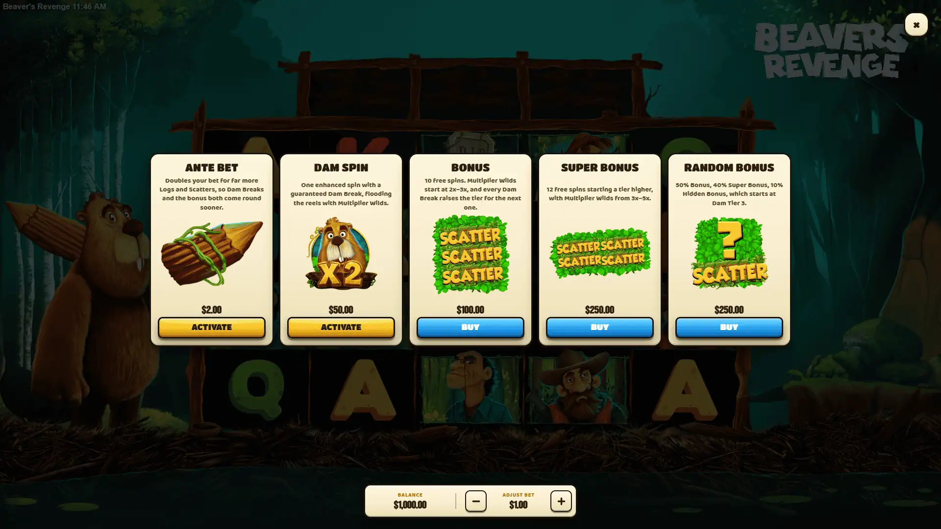 Beavers Revenge bonus buy menu