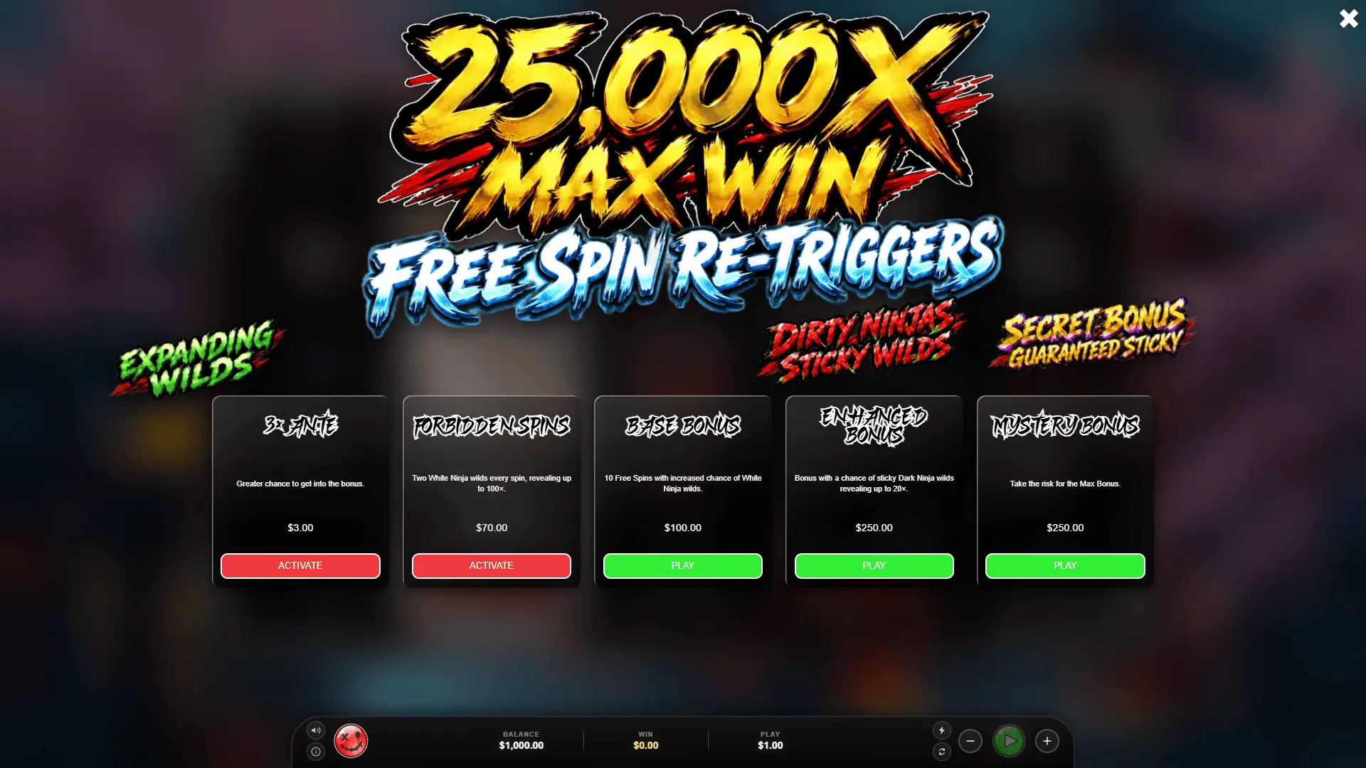 Dirty Sticky Ninjas bonus buy menu