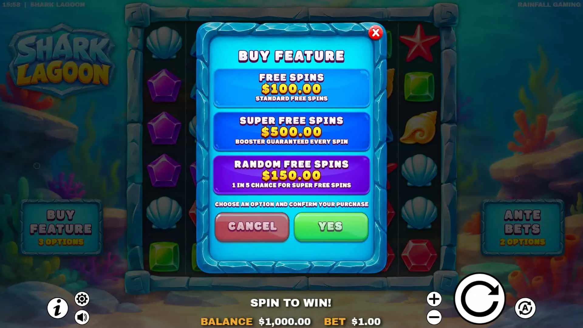 Shark Lagoon bonus buy menu