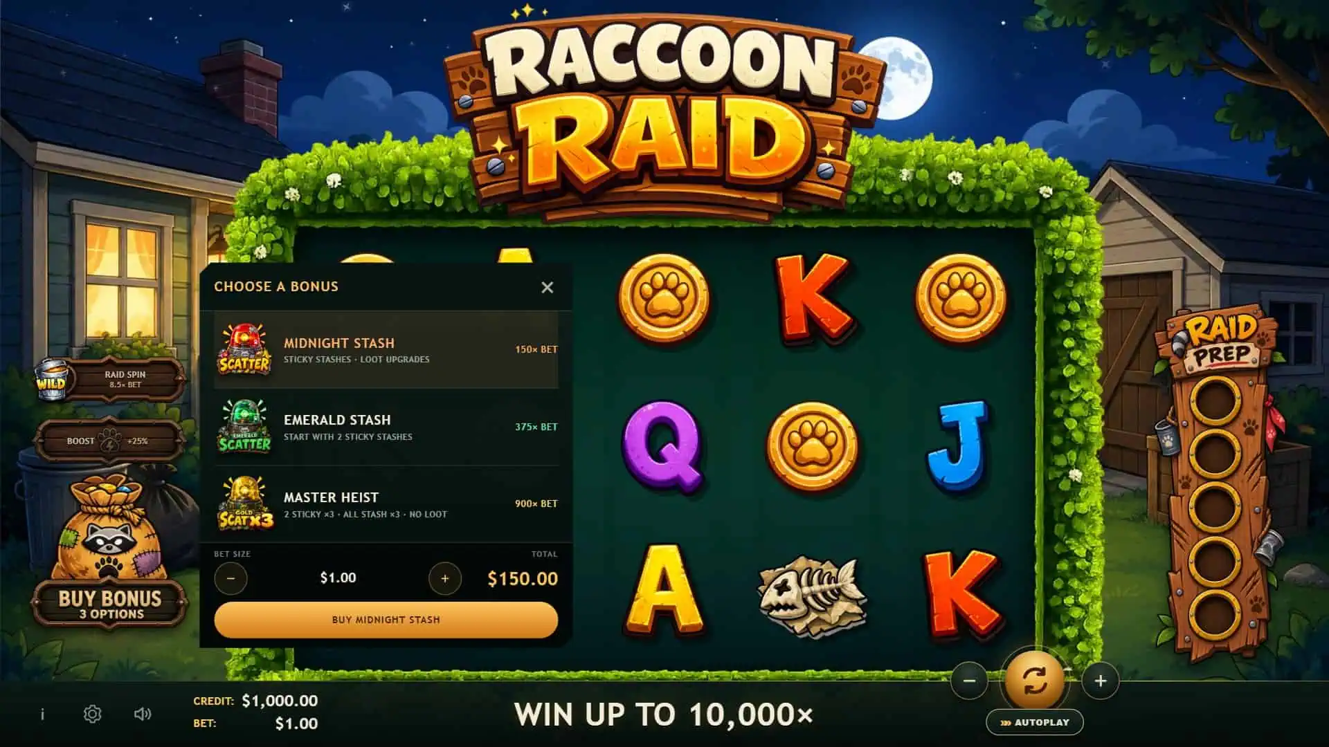 Raccoon Raid bonus buy menu