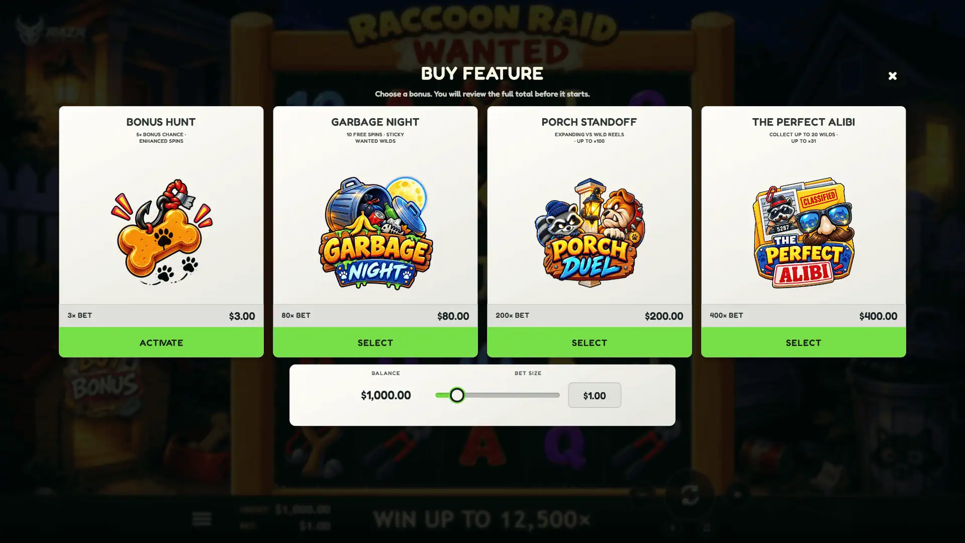 Raccoon Raid: Wanted bonus buy menu