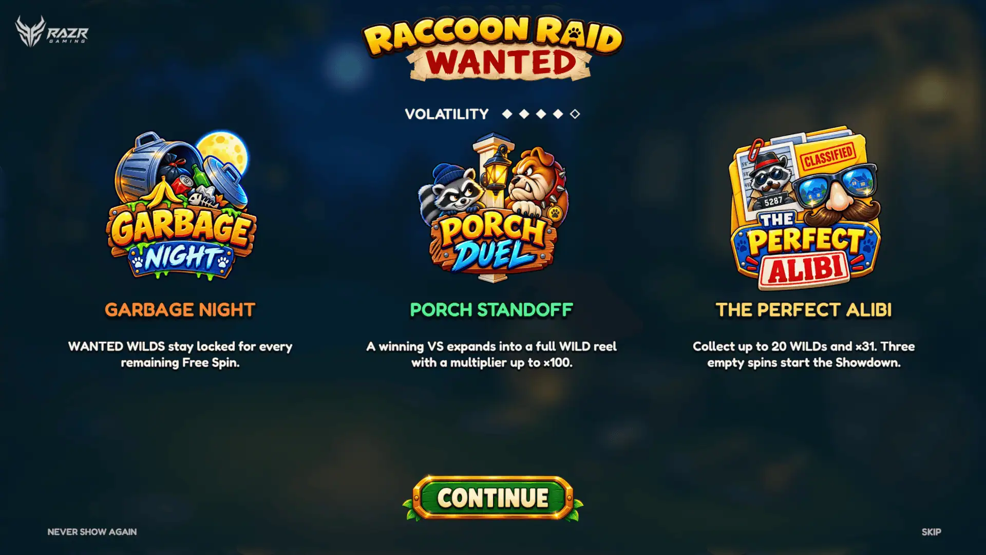 Raccoon Raid: Wanted slot intro screen