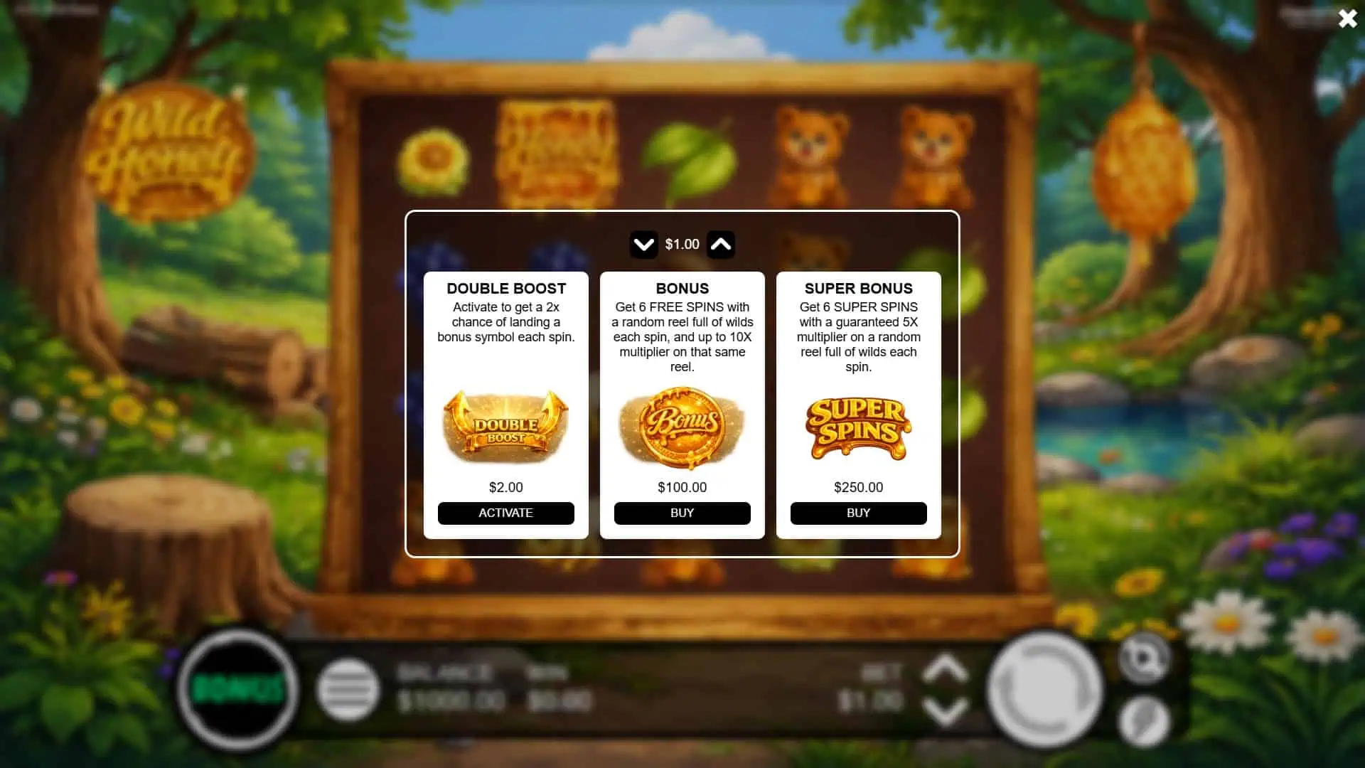 Wild Honey bonus buy menu