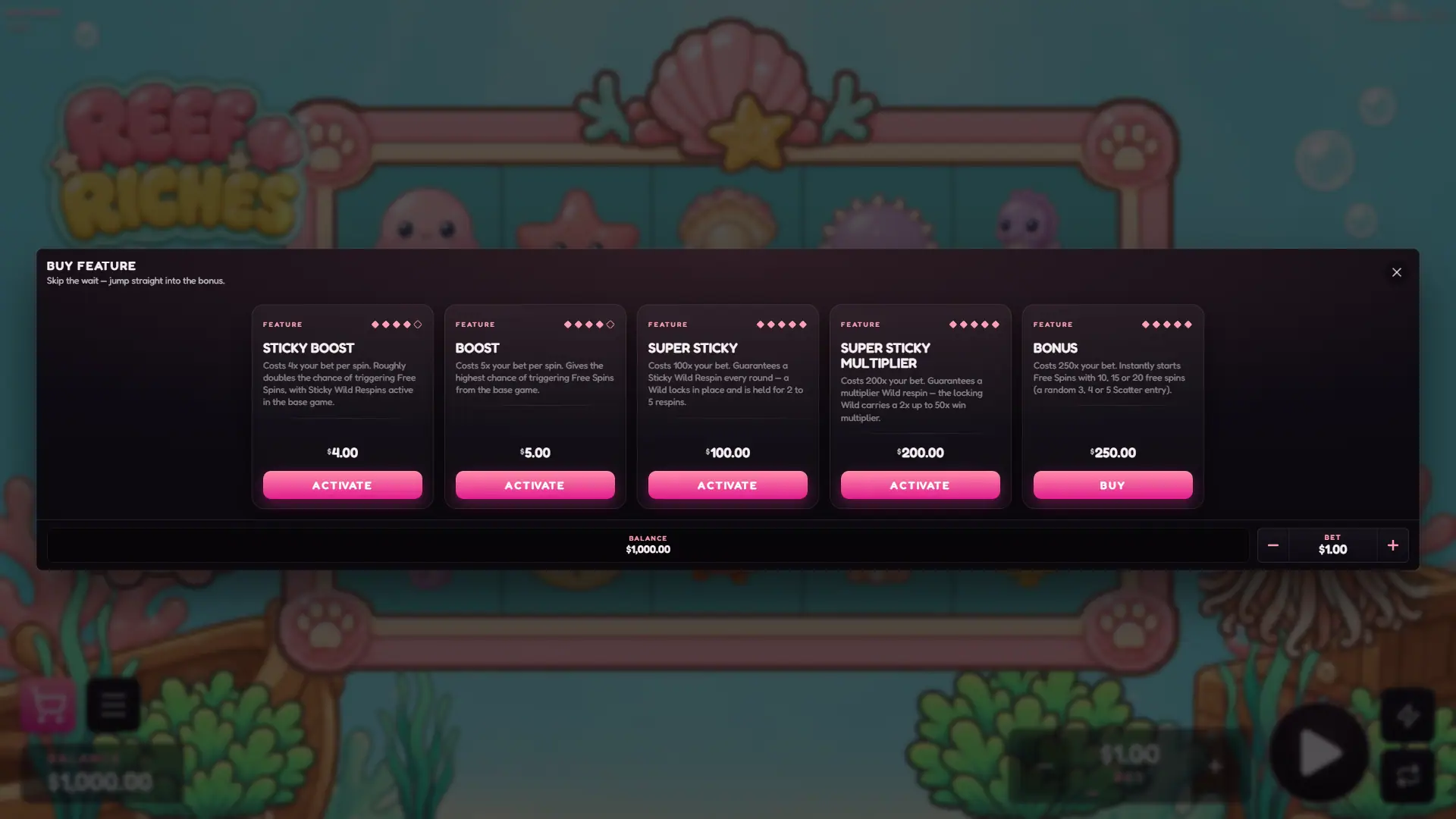 Reef Riches bonus buy menu